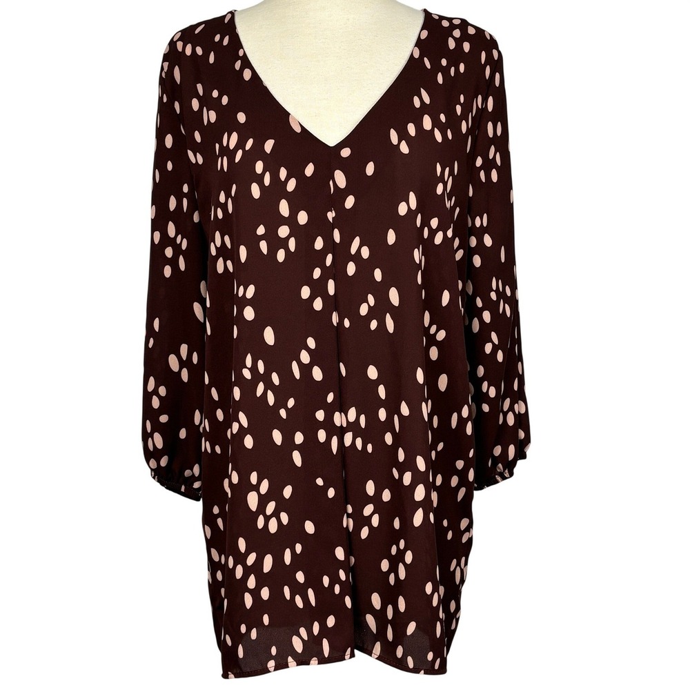 Bobeau Blouse M Brown Pink Polka Dot V Neck 3/4‎ Sleeve Lightweight Top